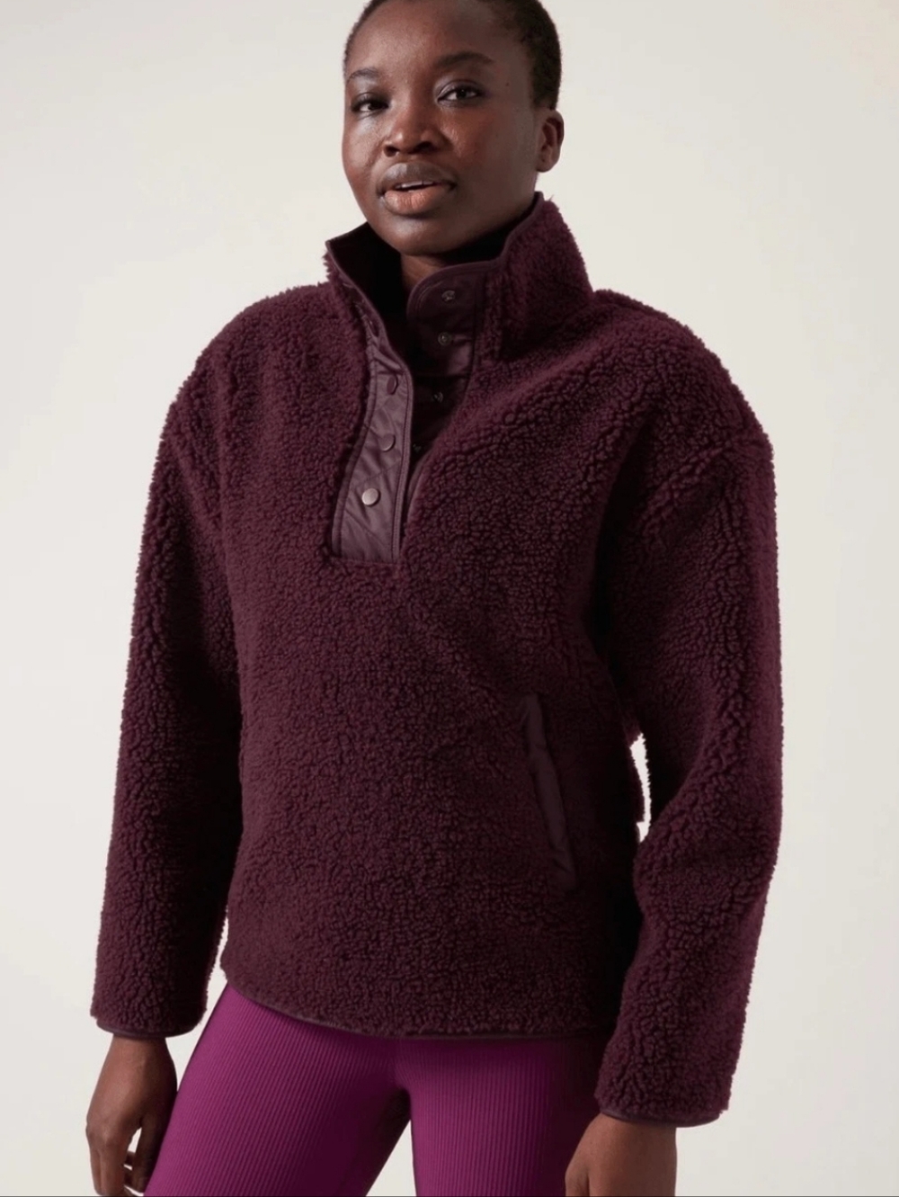 ATHLETA Sherpa Cozy Snap Pullover Sweatshirt Jacket Spiced Cabernet Medium NWT